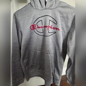 Champion Gray Hoodie and jogger set with Red Logo.